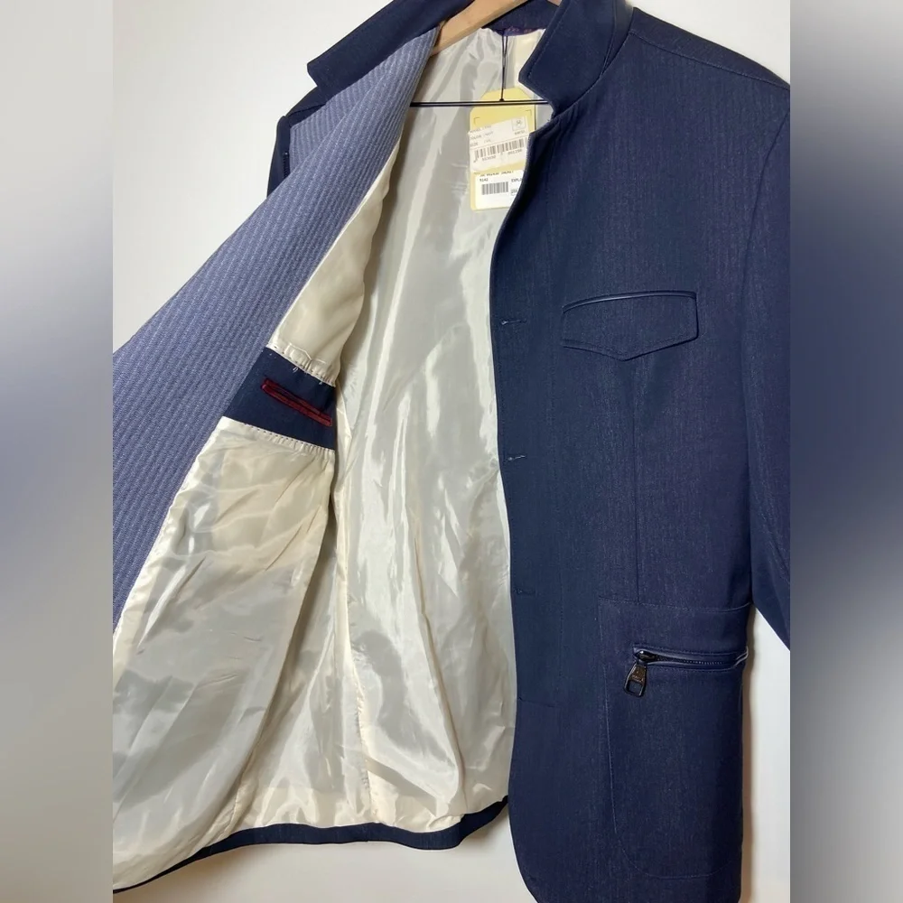 RNT23 Blazer Jacket Mens Size 46 Denim Leather Trim Full Zip Sport Coat NWT $259